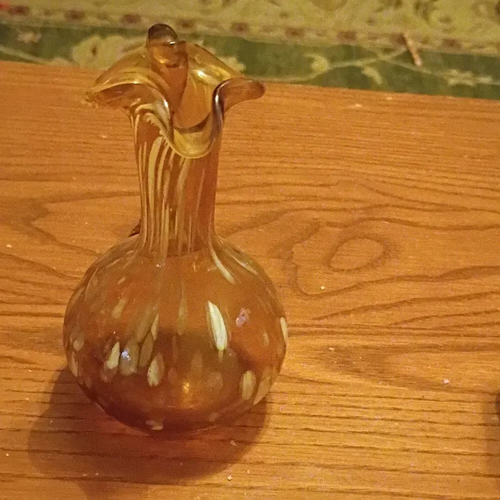 Amber White Hand Blown Art Glass Cruet Bulbous Spotted Pattern Glossy Finish